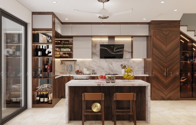 Top 9 mẫu tủ bếp gỗ óc chó chữ I nhập khẩu, cao cấp